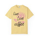 Petal & Pour tee shirt featuring pink rose graphic and live love coffee script – Coo Coo’s Coffee women’s floral brew shirt. Butter front print