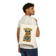 Illustrated dog wearing coffee-themed gear with the words “Wag More, Sip More” – printed on a natural canvas tote bag.