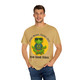 Brew Good Vibes Tee – Zen gecko Bert meditating with coffee on Comfort Colors shirt by Coo Coo’s Coffee Mustard Male Model