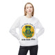 Brew Good Vibes Sweatshirt – Zen Gecko Bert meditating with coffee by Coo Coo’s Coffee White Female Model