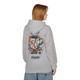 I Brew in Chaos Hoodie – Abstract coffee cup splatter art on fleece hoodie by Coo Coo’s Coffee, Sport Grey Female Model