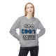 Sport Grey crewneck sweatshirt featuring the bold “Coo Coo’s Coffee” logo in black and blue paw-print lettering across the chest. female Model