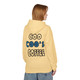 Yellow Haze hoodie with large back print of the Coo Coo’s Coffee logo featuring blue paw-print style lettering. Female Model