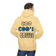 Yellow Haze hoodie with large back print of the Coo Coo’s Coffee logo featuring blue paw-print style lettering. Male Model