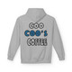 Sport Grey hoodie with large back print of the Coo Coo’s Coffee logo featuring blue paw-print style lettering.