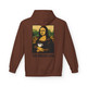 Cocoa hoodie featuring a parody of the Mona Lisa holding a coffee cup with “The Mocha-Lisa” printed beneath.