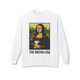 The Mocha-Lisa Coffee Art Sweatshirt in crisp white, featuring a bold parody of the Mona Lisa holding a coffee cup, by Coo Coo’s Coffee.