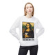 White sweatshirt featuring a parody of the Mona Lisa holding a coffee cup with the text “The Mocha-Lisa.” female Model