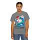 Grey Comfort Colors t-shirt with a cartoon chicken surfing and shouting “Cluck Yeah!” with the words “Poultry-Powered, Coffee-Fueled.” Male Model