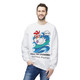White sweatshirt featuring a surfing cartoon chicken shouting “Cluck Yeah!” with the text “Poultry-Powered, Coffee-Fueled. Male Model