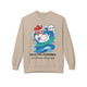 Sand sweatshirt featuring a surfing cartoon chicken shouting “Cluck Yeah!” with the text “Poultry-Powered, Coffee-Fueled.