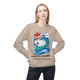 Sand sweatshirt featuring a surfing cartoon chicken shouting “Cluck Yeah!” with the text “Poultry-Powered, Coffee-Fueled. Female Model