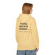 Yellow Haze-colored fleece hoodie with the phrase “#Small Batch of Friends… Coffee is compiling…” printed across the back. Female Model