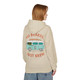 Retro surf van hoodie in sand color with ocean view graphic, reading “No Brakes Just Brew, female model back