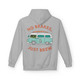 Retro surf van hoodie in sport grey color with ocean view graphic, reading “No Brakes Just Brew