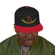 Black & red snapback hat with red smiley face and bold yellow “Brew Is Truth” text arched below the design. Coffee lifestyle streetwear from Coo Coo’s Coffee. Male model front