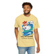 yellow tee shirt with surfing chicken graphic and text "Poultry-Powered Coffee-Fueled" – Miss Sally by Coo Coo’s Coffee