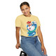 yellow tee shirt with surfing chicken graphic and text "Poultry-Powered Coffee-Fueled" – Miss Sally by Coo Coo’s Coffee