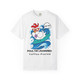white tee shirt with surfing chicken graphic and text "Poultry-Powered Coffee-Fueled" – Miss Sally by Coo Coo’s Coffee