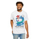 yellow tee shirt with surfing chicken graphic and text "Poultry-Powered Coffee-Fueled" – Miss Sally by Coo Coo’s Coffee