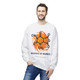 white crewneck sweatshirt with caffeine molecule and orange swirl graphic – Molecule of Madness by Coo Coo’s Coffee