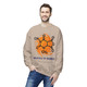 white crewneck sweatshirt with caffeine molecule and orange swirl graphic – Molecule of Madness by Coo Coo’s Coffee