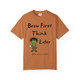 yam tee with frazzled green gecko (Bert) holding coffee cup and text “Brew First Think Later” – funny coffee shirt by Coo Coo’s Coffee