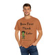 cream tee with frazzled green gecko (Bert) holding coffee cup and text “Brew First Think Later” – funny coffee shirt by Coo Coo’s Coffee