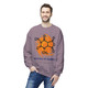 "Paragon Molecule of Madness – Caffeine Chemistry Sweatshirt by Coo Coo’s Coffee featuring eye-catching orange caffeine molecule print, unisex sweatshirt for brew crew." Male model