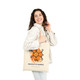 cotton tote bag with caffeine molecule and swirling orange background, text reads “Molecule of Madness – Fueled by Coo Coo’s Coffee”