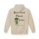 sand hoodie with frazzled green gecko holding a coffee cup and the text “Brew First, Think Later – Fueled by Coo Coo’s Coffee”