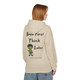 light gray hoodie with frazzled green gecko holding a coffee cup and the text “Brew First, Think Later – Fueled by Coo Coo’s Coffee”
