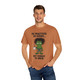 sand-colored tee with frazzled cartoon gecko holding coffee cup and the text “He Practiced 40 Hours… But Forgot to Brew”