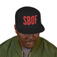 black snapback hat with red SBOF embroidery – bold coffee streetwear hat by Coo Coo’s Coffee