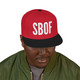 black snapback hat with bold white SBOF embroidery – minimalist small batch streetwear cap by Coo Coo’s Coffee