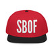 Black/Red/Red – "SBOF Snapback hat in black with red brim and accents – Small Batch, Big Energy coffee snapback by Coo Coo’s Coffee, bringing bold vibes and brew culture." Top side view