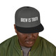 black/grey snapback hat with white “brew is truth” embroidery and purple brim – coo coo’s coffee streetwear