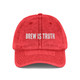 vintage Red dad hat with embroidered "brew is truth" quote – coo coo's coffee