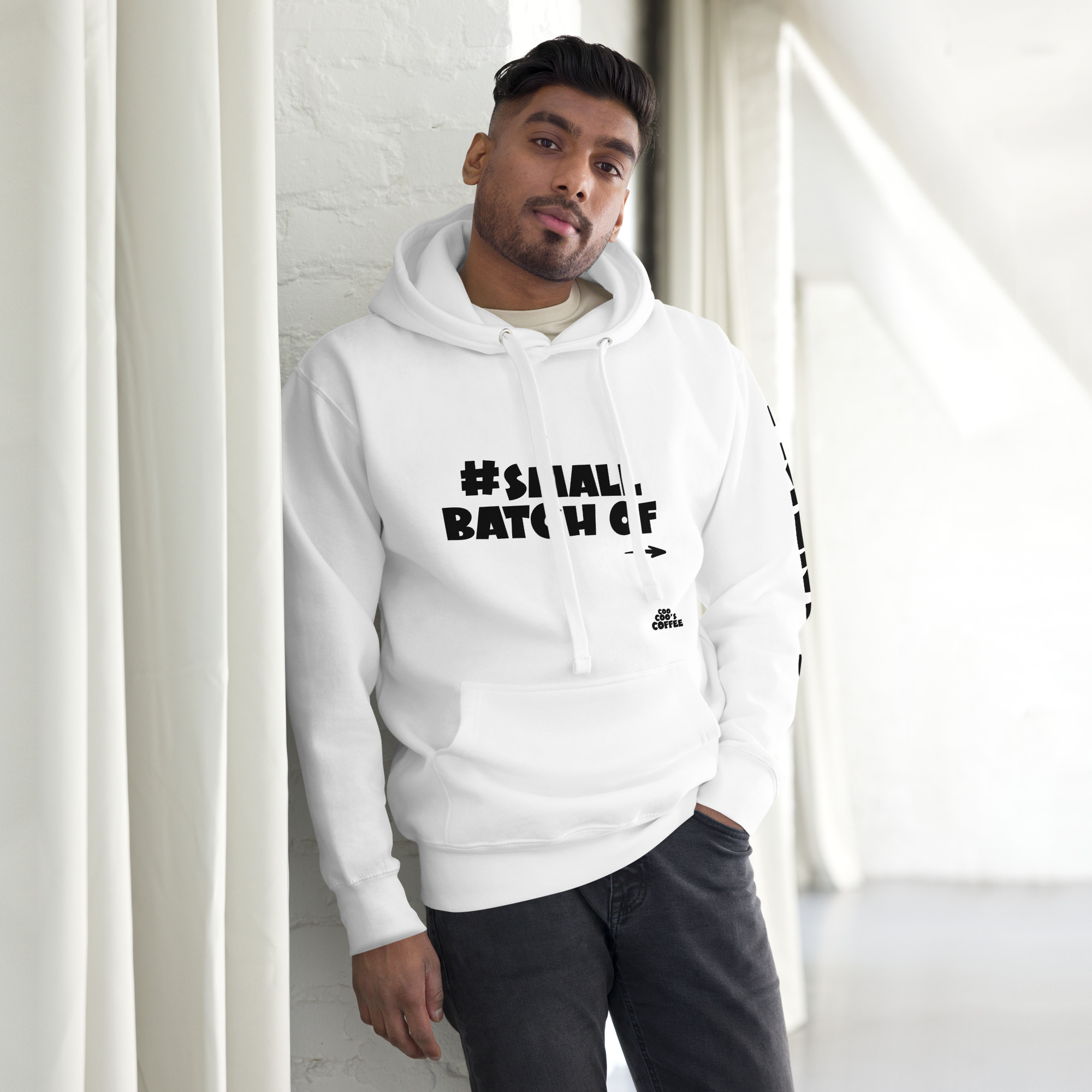 #Small Batch of Friends white hoodie with a male model