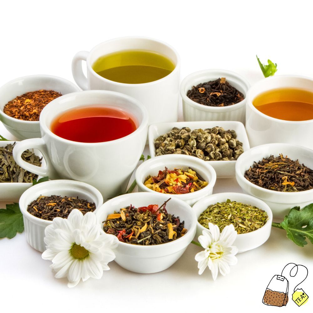 Assorted tea leaves and cups