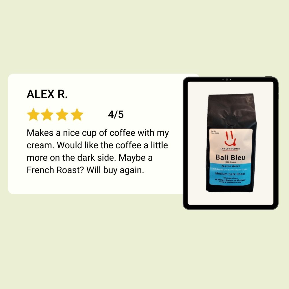 5-star review graphic for Bali Bleu coffee by Alex R