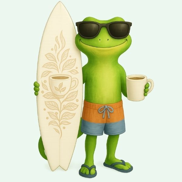 Meet Bert, the coffee-surfing gecko mascot for Coo Coo’s Coffee