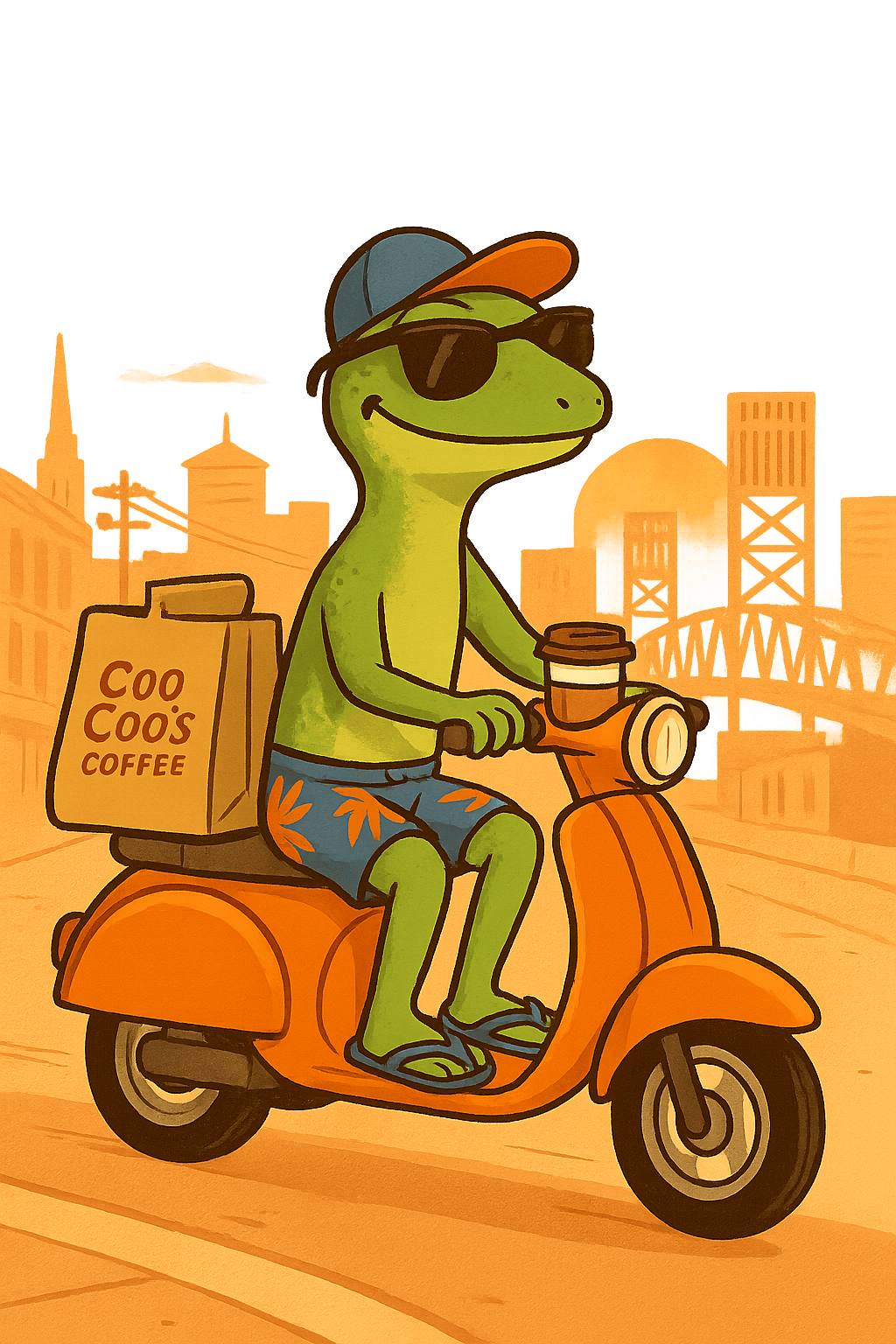 Bert rides an orange scooter delivering Coo Coo’s Coffee — local delivery