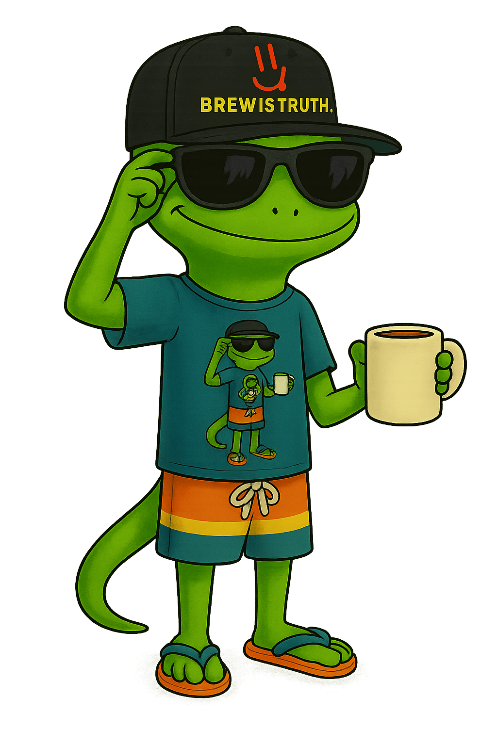 Bert in a Brew Is Truth hat holding a coffee mug, smiling with caffeine confidence