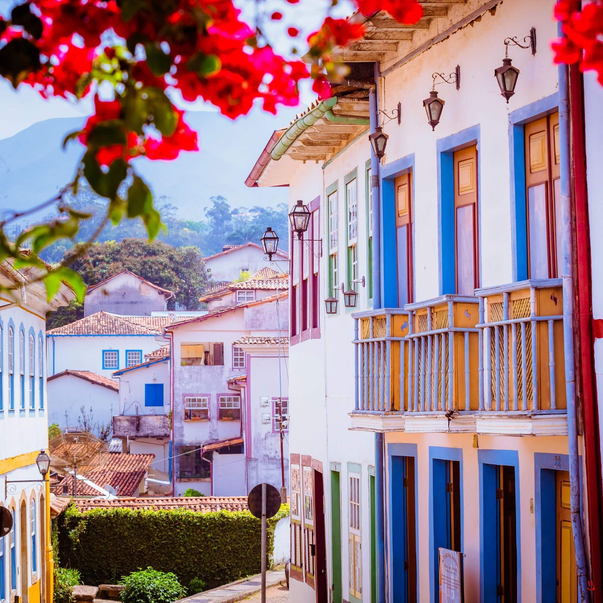 Colorful colonial street with cafés in a Brazilian town
