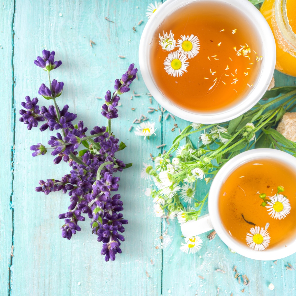 Cups of chamomile tea and lavender on blue wood