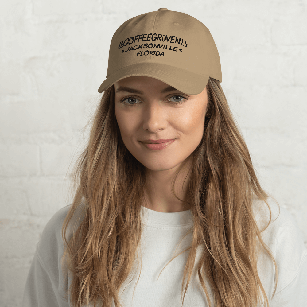 Tan Coffee Gruven dads hat with female model.