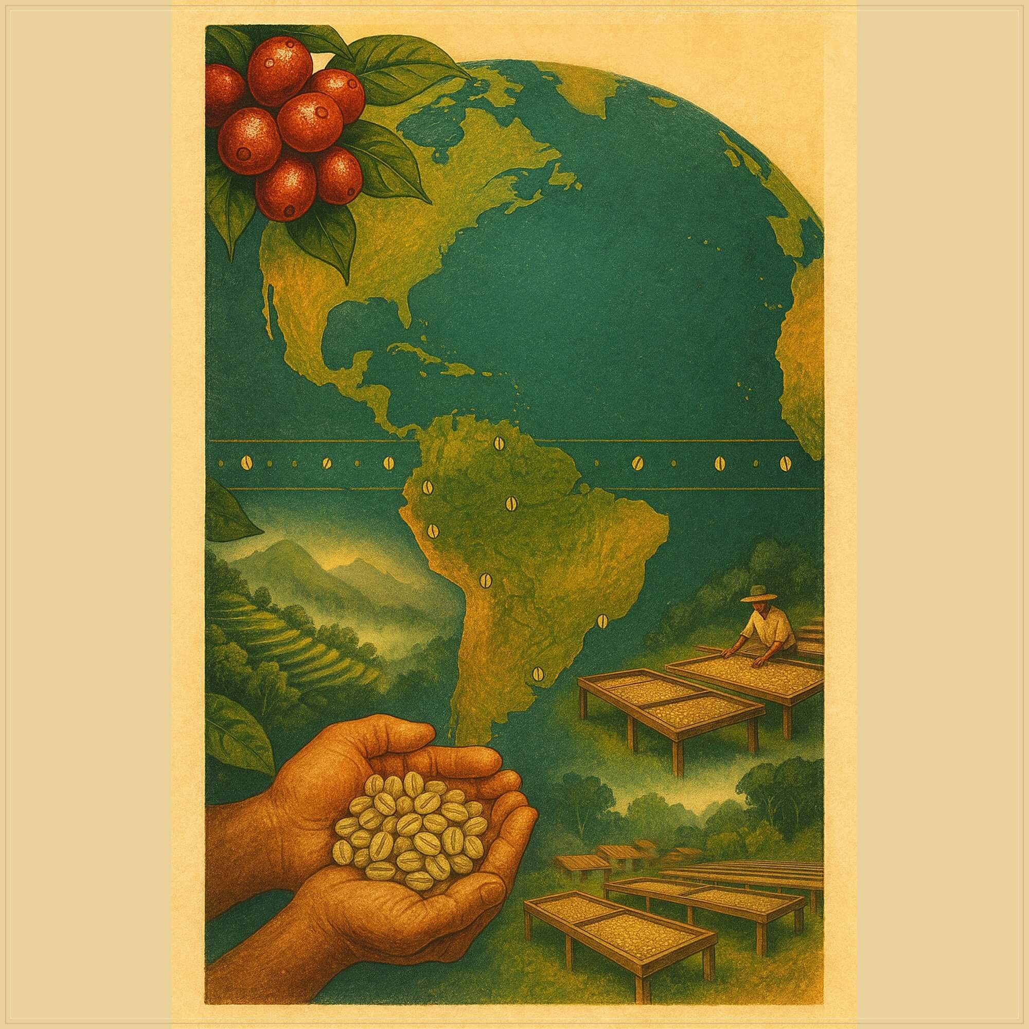 Illustrated world map highlighting key coffee-growing regions