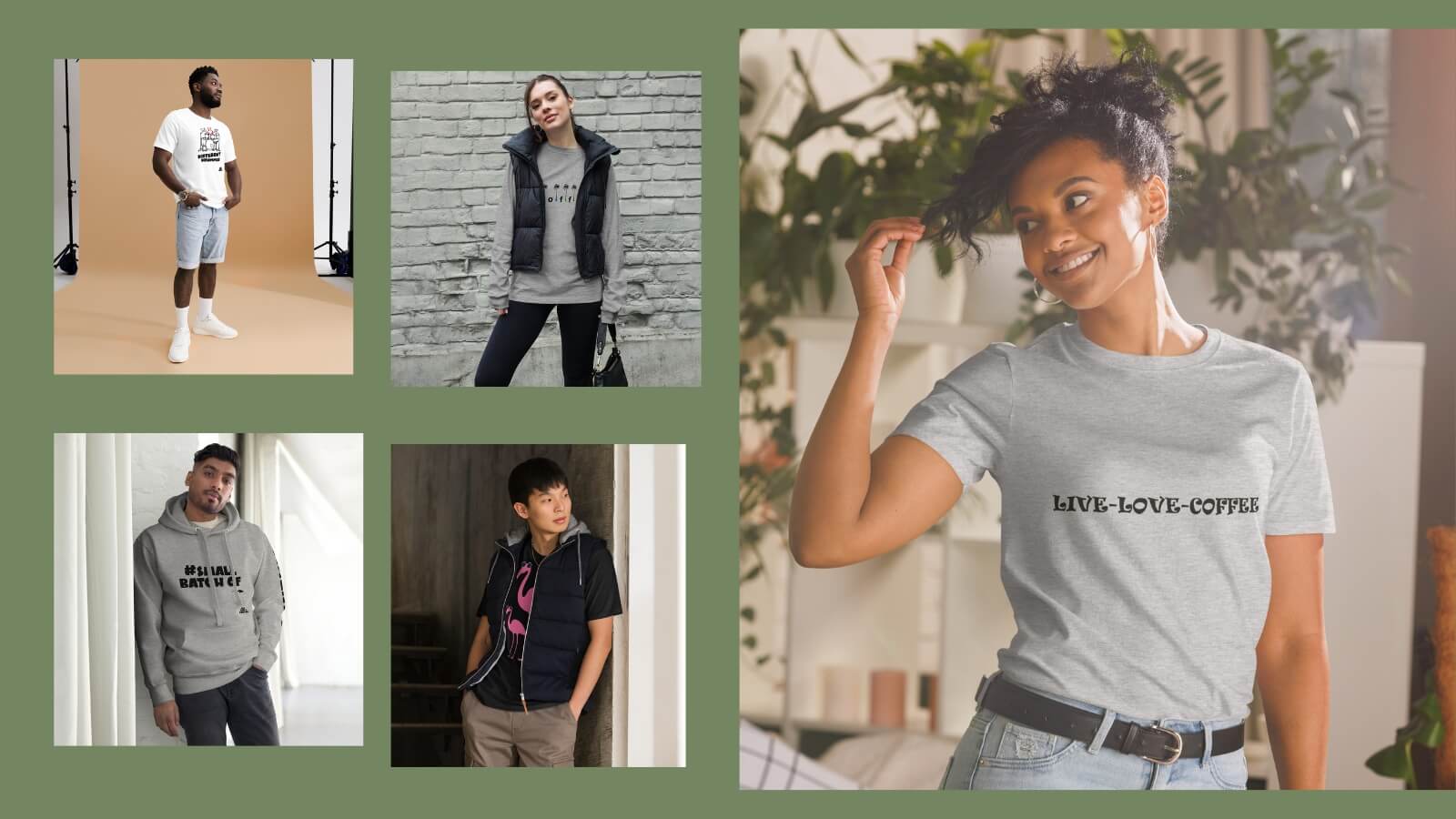 Collage of Coo Coo's Coffee apparel. Models, hoodies and tee shirts.