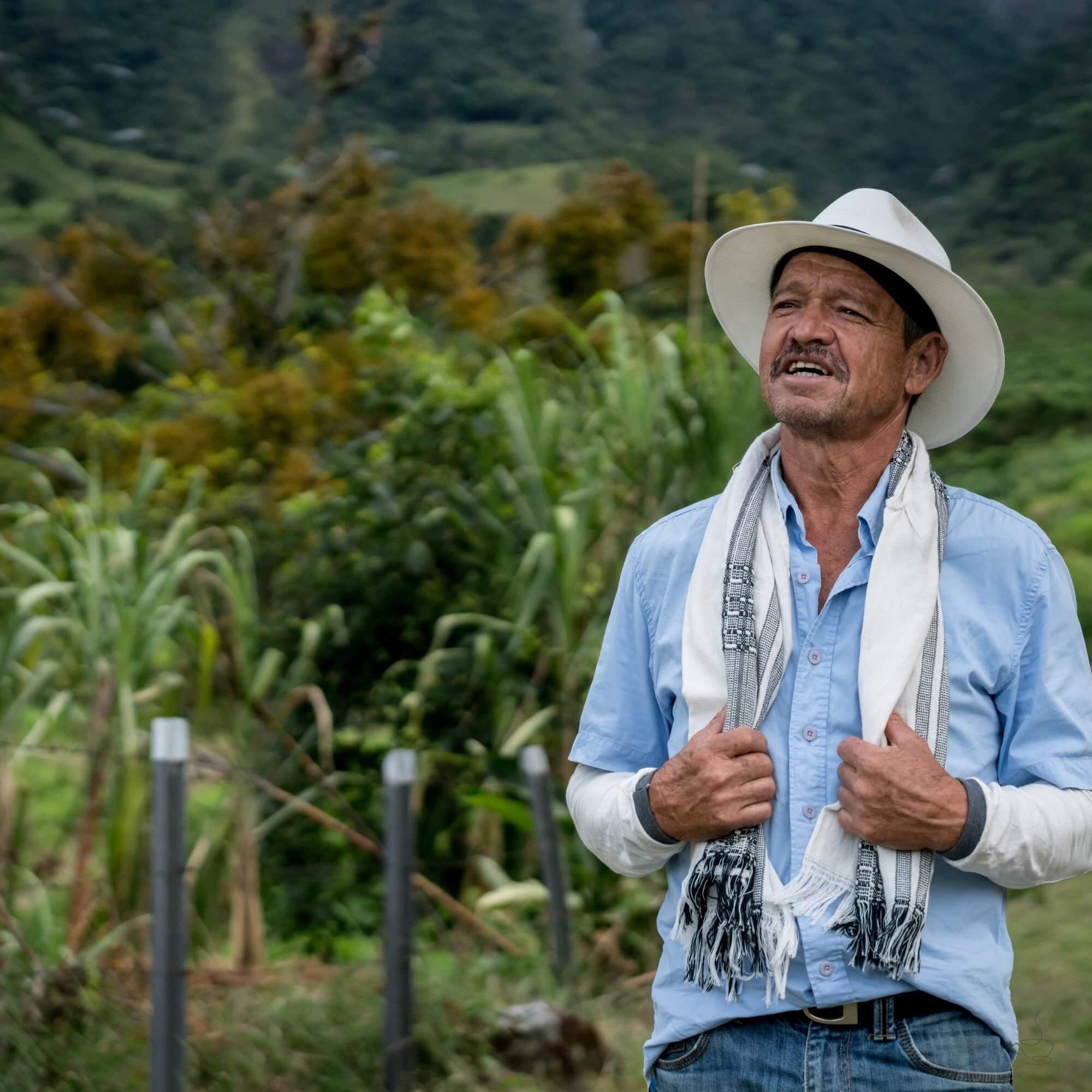 Colombian coffee producer standing among coffee trees